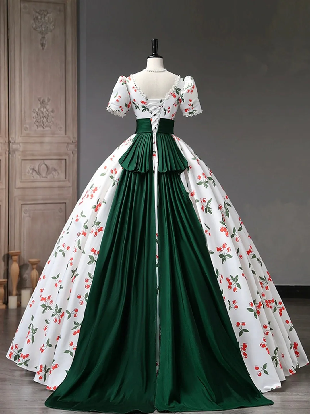 Beautiful Cherry Pattern Long Princess Prom Dress White A-Line Short Sleeve Evening Party Dress