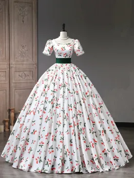 Beautiful Cherry Pattern Long Princess Prom Dress White A-Line Short Sleeve Evening Party Dress