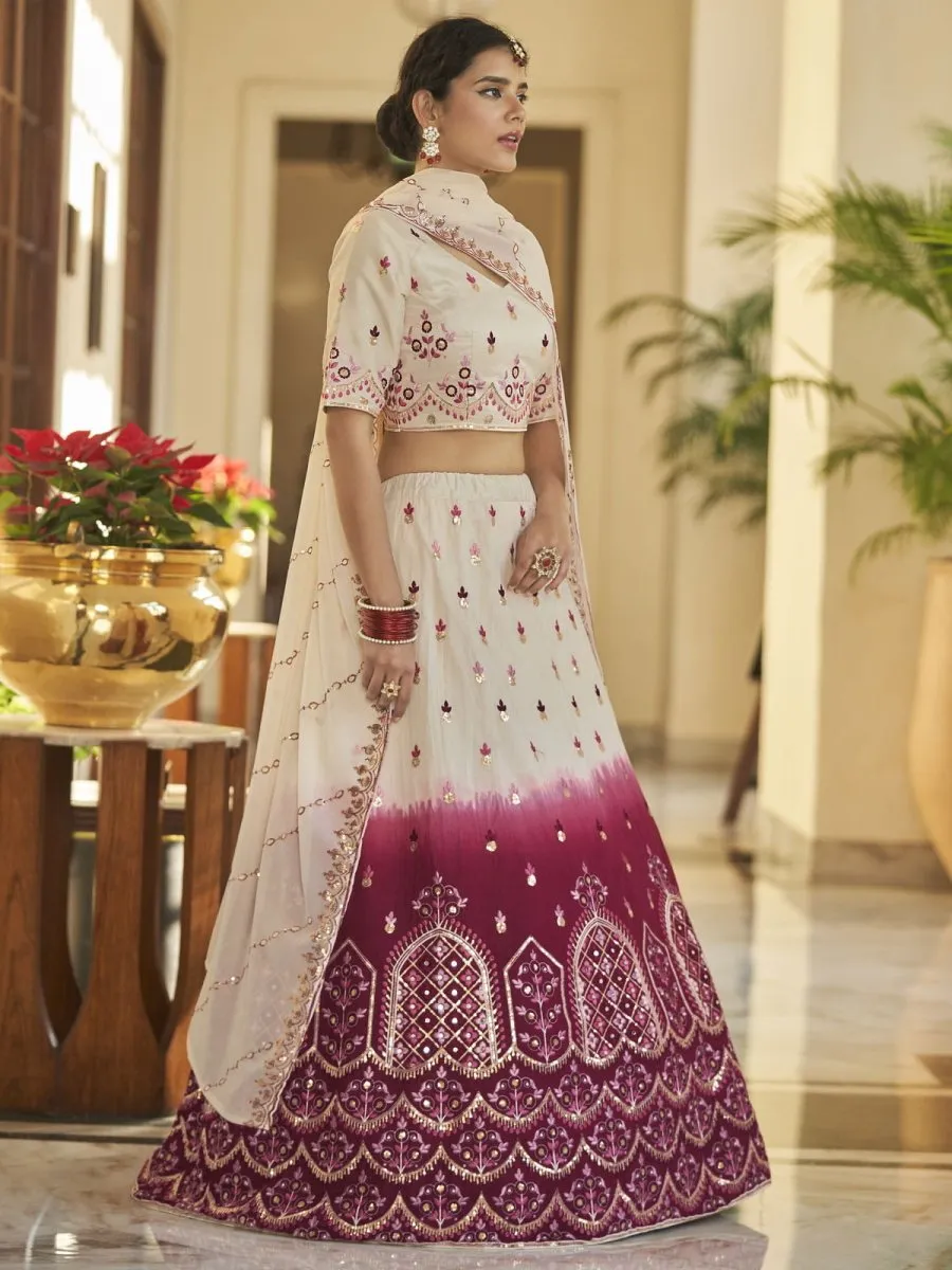 Beige and Maroon Art Silk Embroidered Lehenga Choli