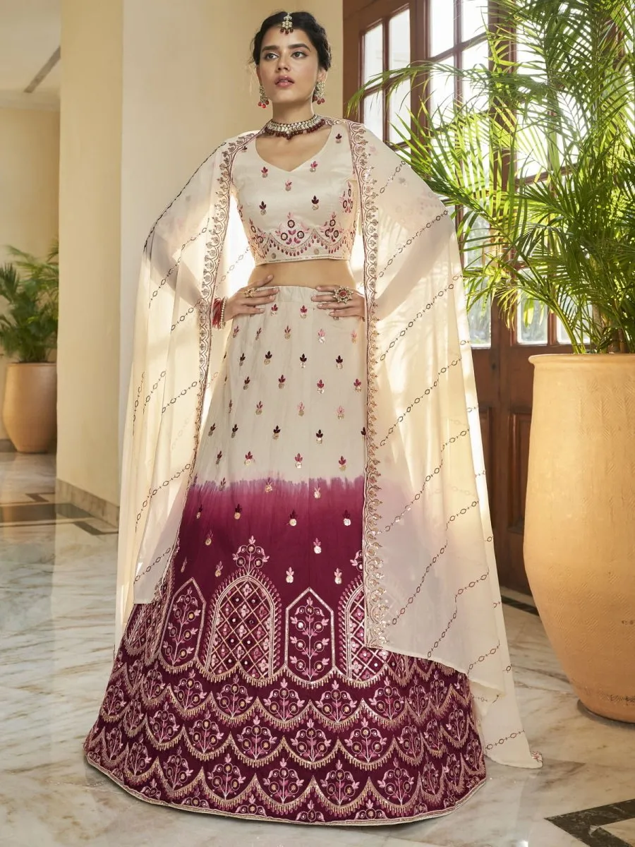 Beige and Maroon Art Silk Embroidered Lehenga Choli