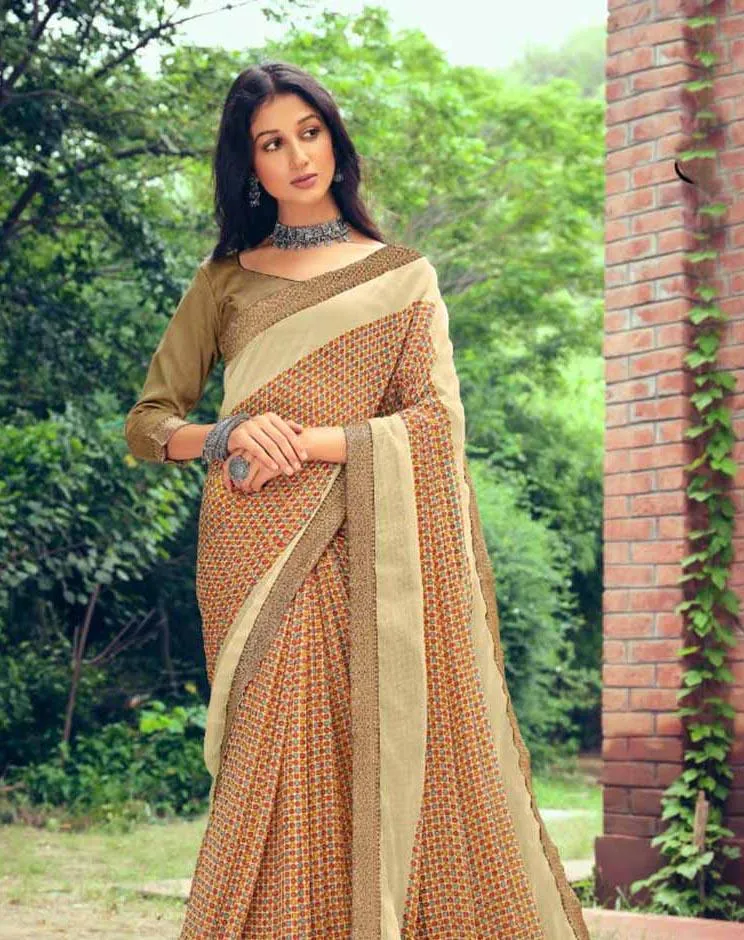 Beige Chiffon Printed Fancy Lace Border Saree for Women