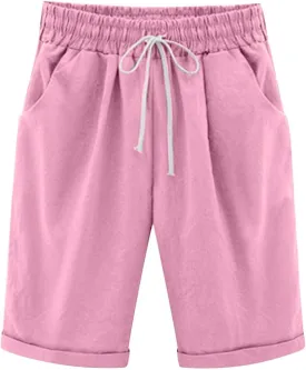 Bermuda Shorts for Women Summer Casual Linen Pants Knee Length Bermuda Short Elastic Waist Drawstring Pocket Capris