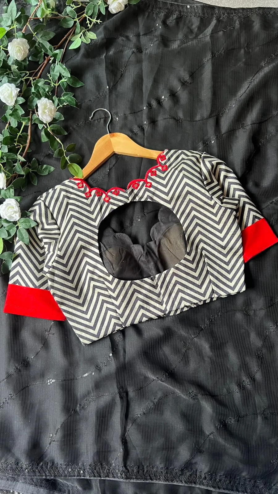 Black chiffon embroidery saree with mirror hand worked blouse