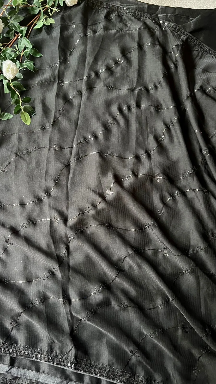 Black chiffon embroidery saree with mirror hand worked blouse