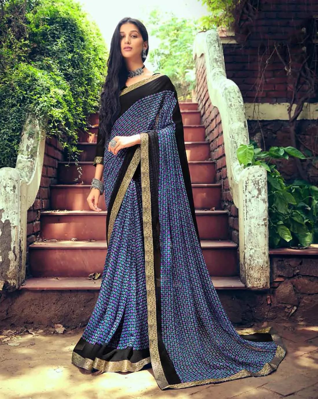 Black Chiffon Printed Fancy Lace Border Saree for Women