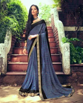 Black Chiffon Printed Fancy Lace Border Saree for Women