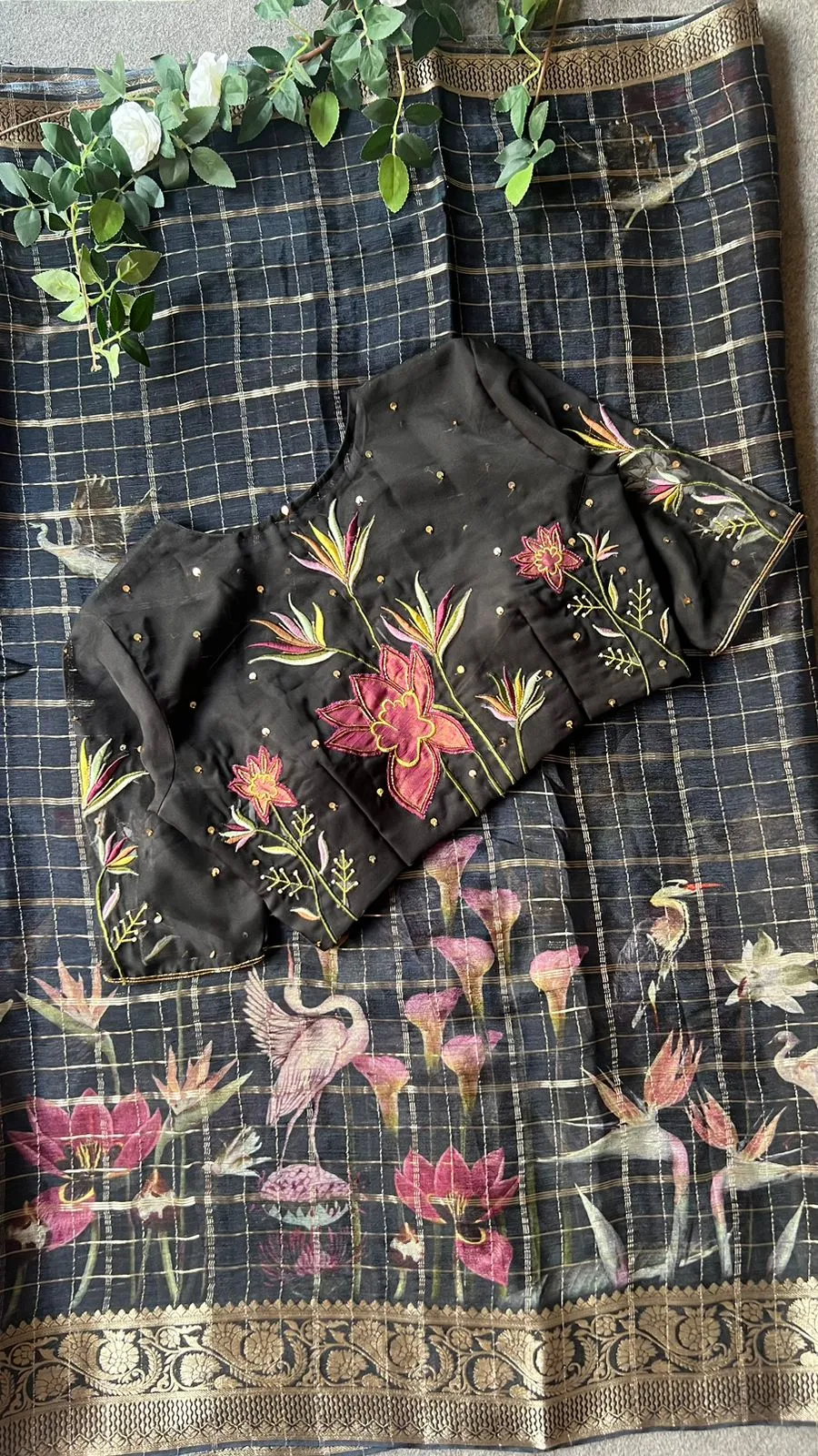 Black floral chiffon saree with black hand worked blouse