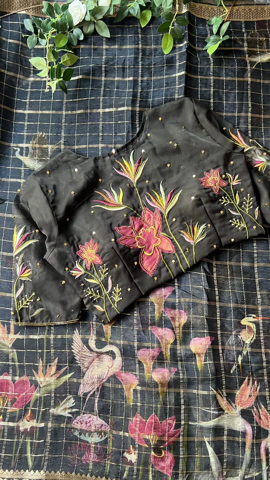 Black floral chiffon saree with black hand worked blouse