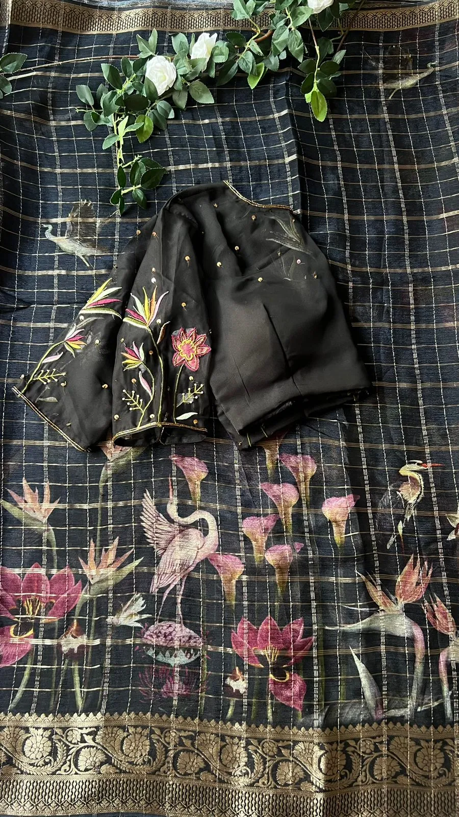Black floral chiffon saree with black hand worked blouse