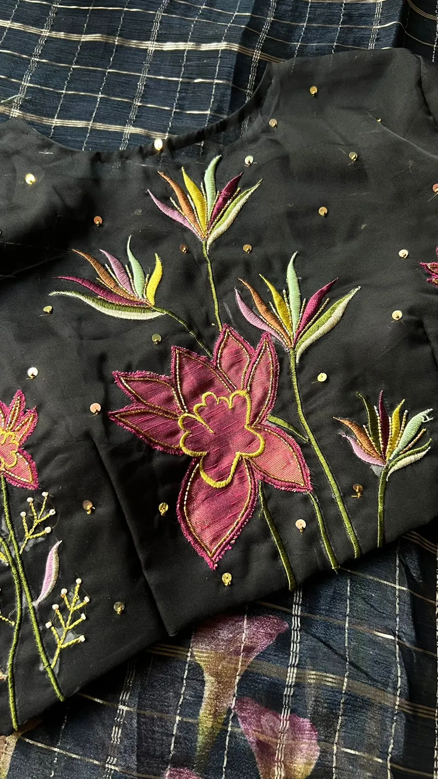 Black floral chiffon saree with black hand worked blouse