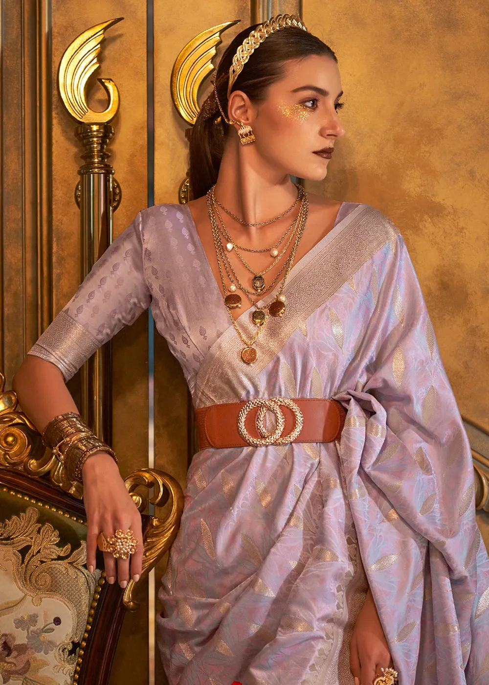 Bollywood Style Spectacular Lavender Pure Satin Silk Saree