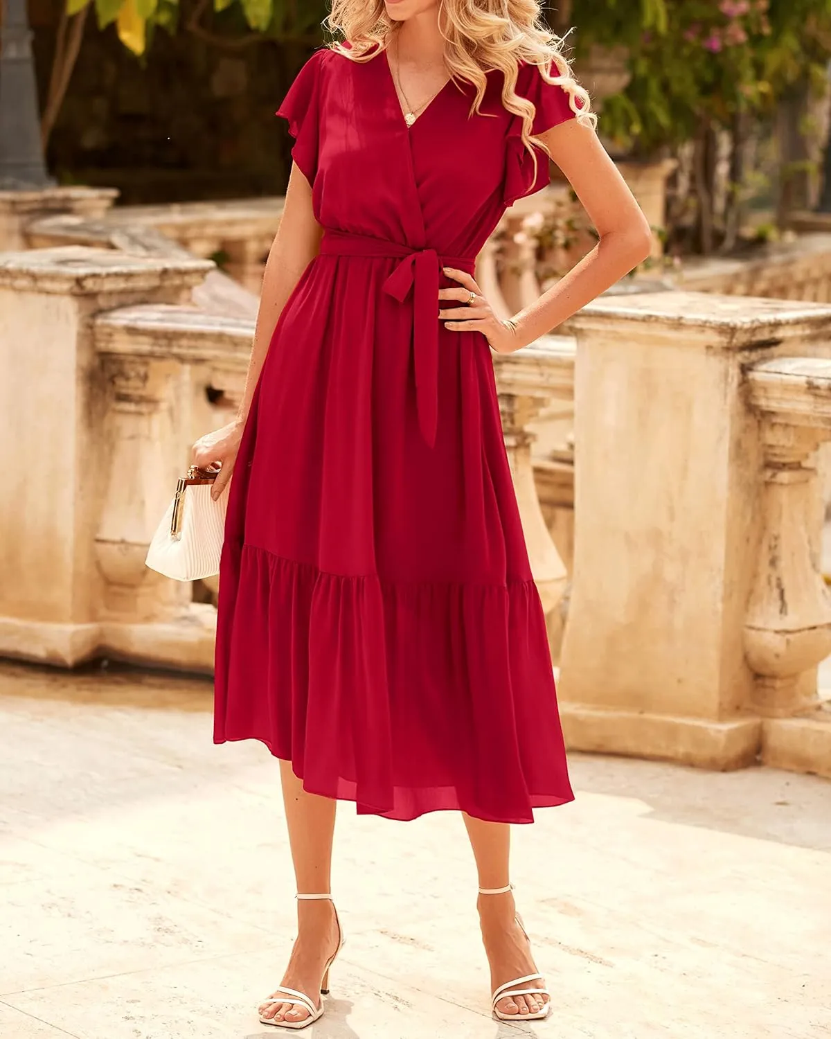 BTFBM Women Summer Bohemian Floral Casual Wrap V Neck Ruffle Cap Sleeveless Belt A-Line Pleated Hem Midi Sun Dress White