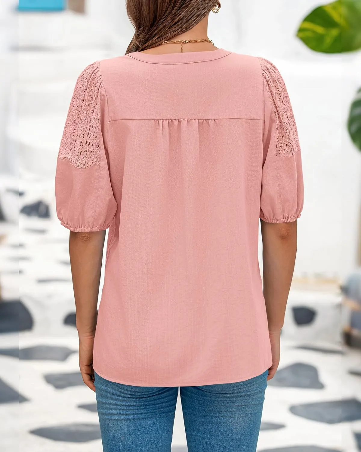 BTFBM Women's Lace Puff Sleeve Tops 2025 Summer V Neck Casual Button Down Shirts Loose Dressy Work Business Blouse Top