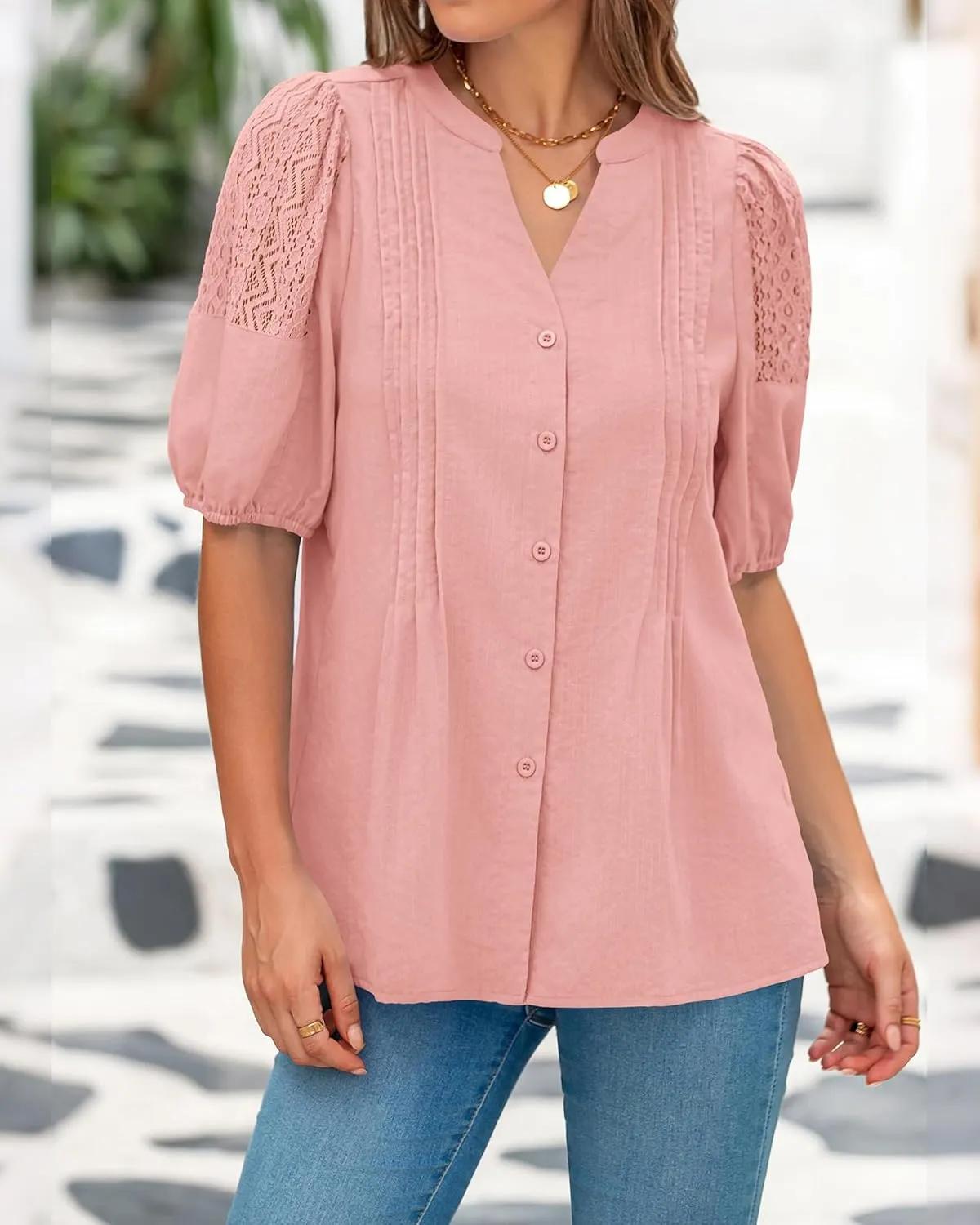 BTFBM Women's Lace Puff Sleeve Tops 2025 Summer V Neck Casual Button Down Shirts Loose Dressy Work Business Blouse Top