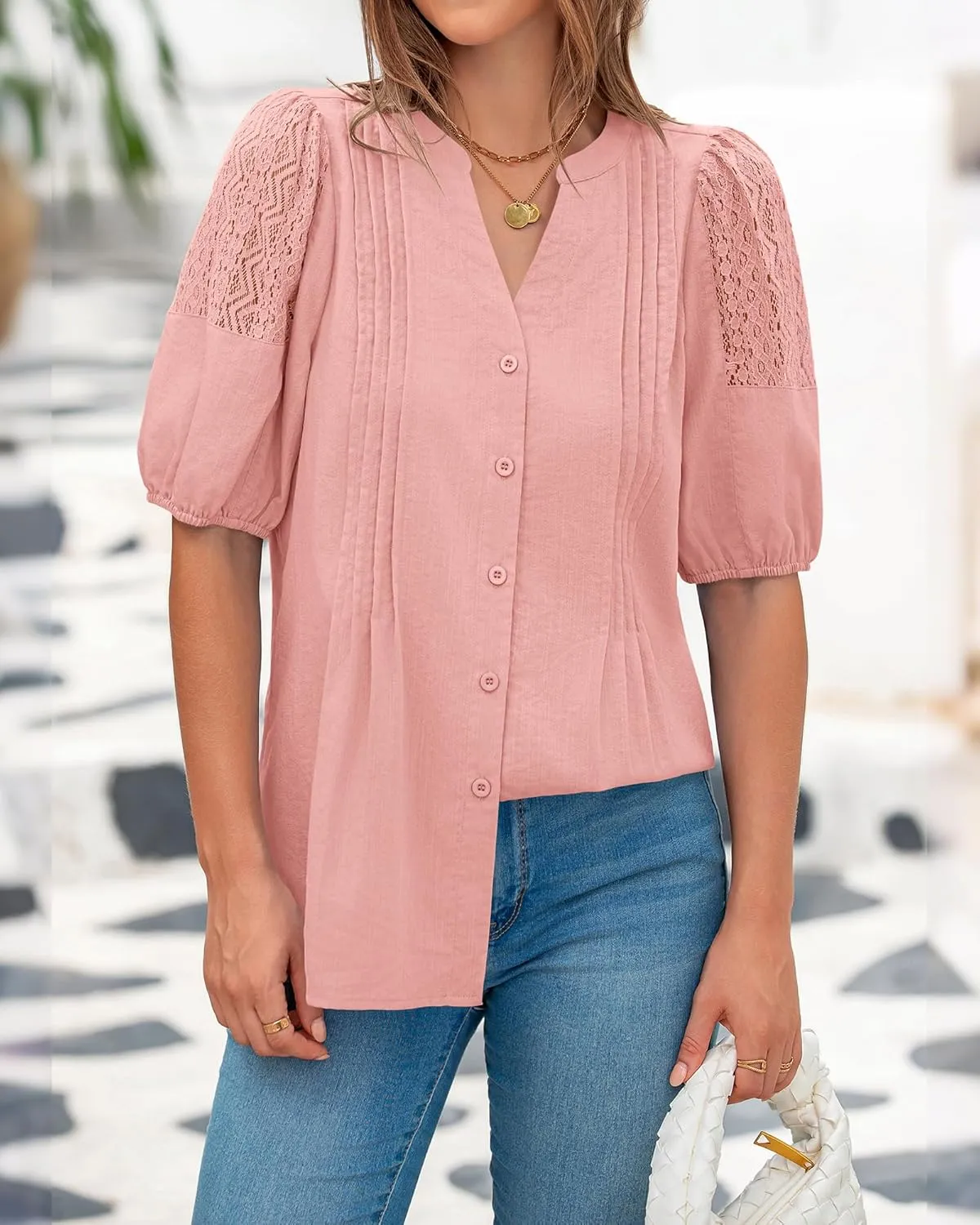 BTFBM Women's Lace Puff Sleeve Tops 2025 Summer V Neck Casual Button Down Shirts Loose Dressy Work Business Blouse Top