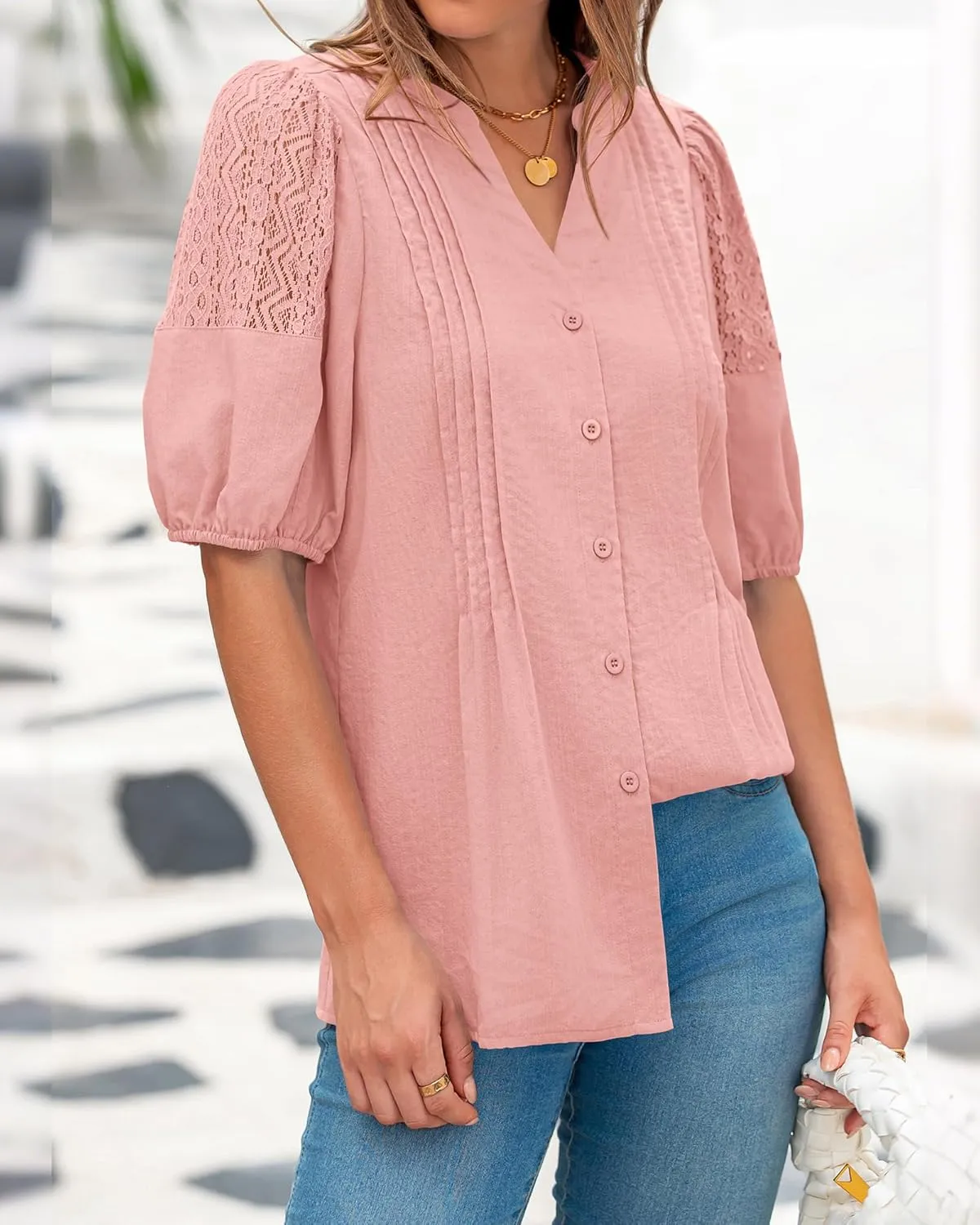 BTFBM Women's Lace Puff Sleeve Tops 2025 Summer V Neck Casual Button Down Shirts Loose Dressy Work Business Blouse Top