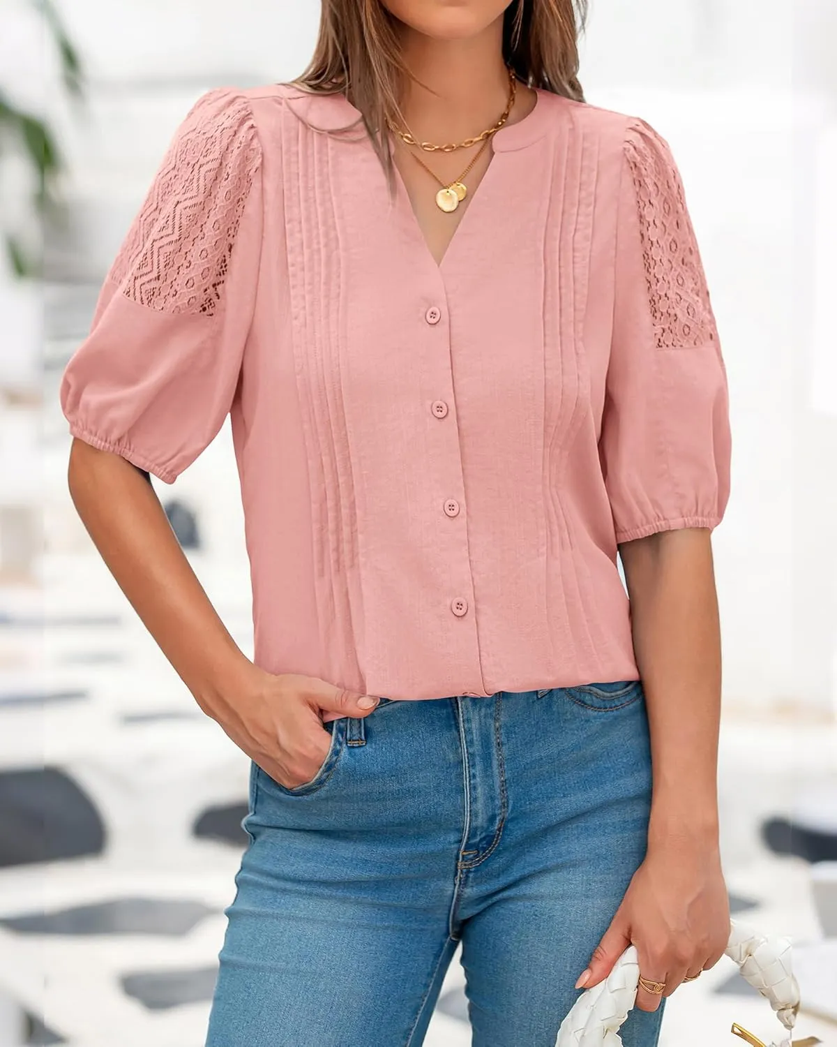 BTFBM Women's Lace Puff Sleeve Tops 2025 Summer V Neck Casual Button Down Shirts Loose Dressy Work Business Blouse Top