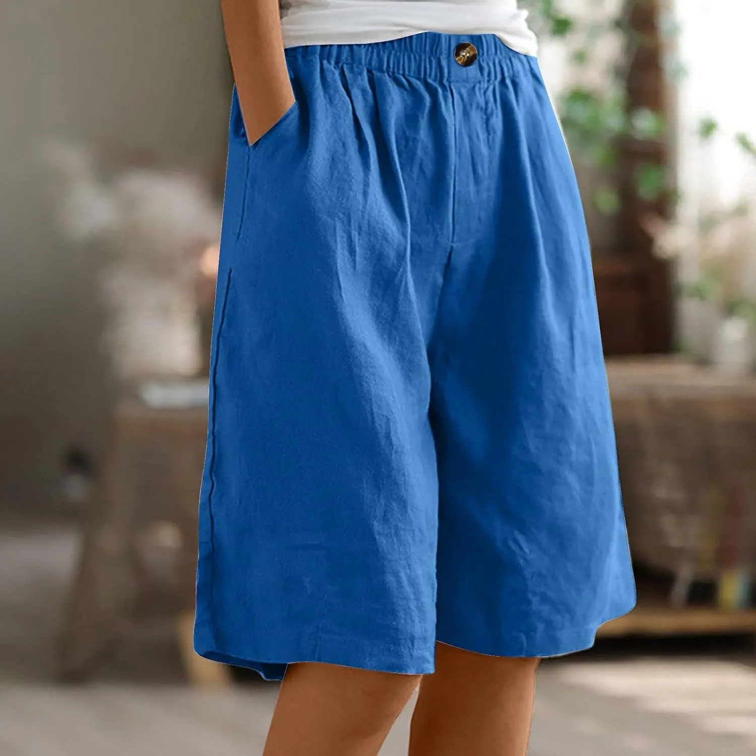 Capri Pants for Women Summer Cotton Linen Capris Wide Leg Cropped Trouser Drawstring Elastic High Waist Pants