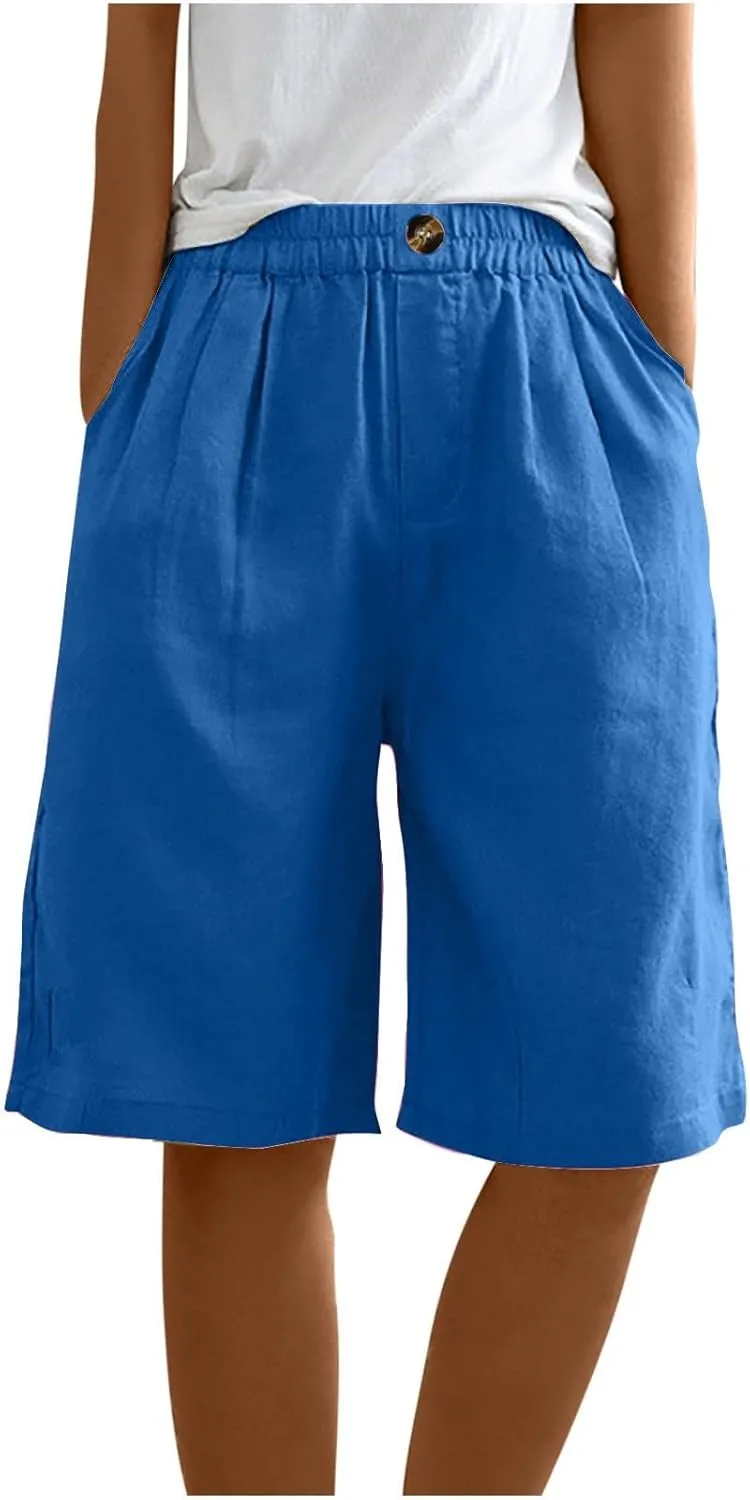 Capri Pants for Women Summer Cotton Linen Capris Wide Leg Cropped Trouser Drawstring Elastic High Waist Pants