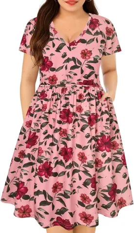 CARCOS Plus Size Dresses for Curvy Women V Neck Short Sleeve Dresses Floral/Striped Summer Boho Dresses with Pocket XL-5XL