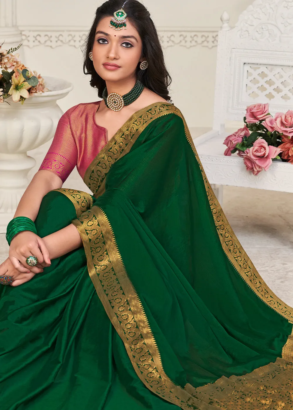 Castleton Green Woven Chinon Silk Saree
