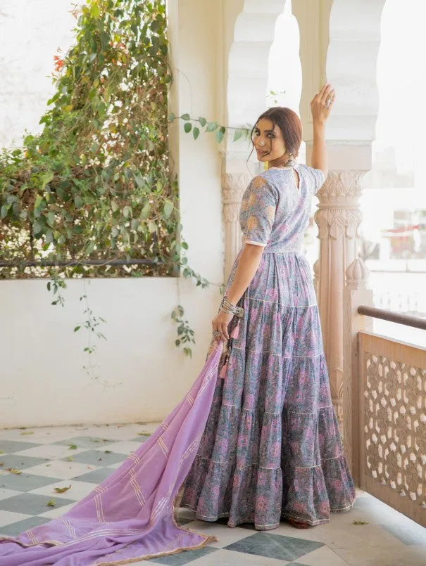 Chaand Inaya Grey & Lavender Block Printed Tiered Skirt Set (Set of 3)