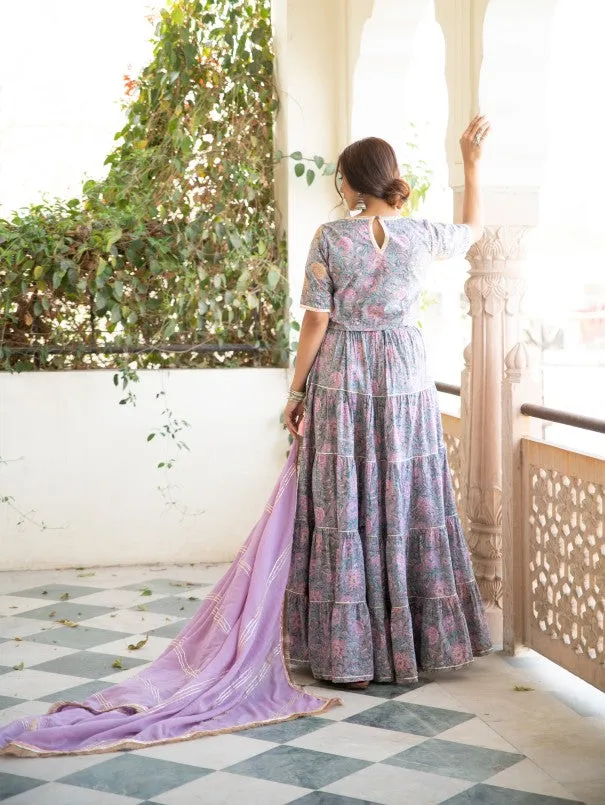 Chaand Inaya Grey & Lavender Block Printed Tiered Skirt Set (Set of 3)