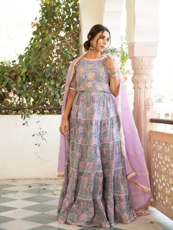 Chaand Inaya Grey & Lavender Block Printed Tiered Skirt Set (Set of 3)
