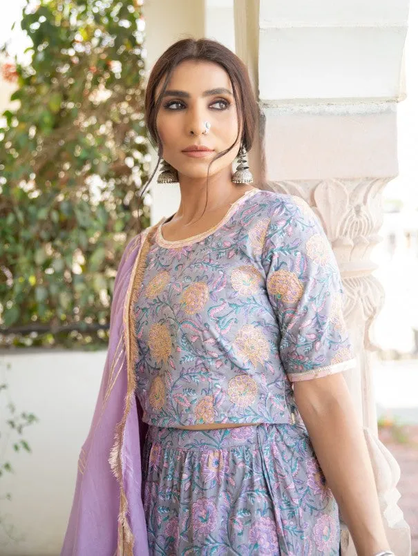 Chaand Inaya Grey & Lavender Block Printed Tiered Skirt Set (Set of 3)