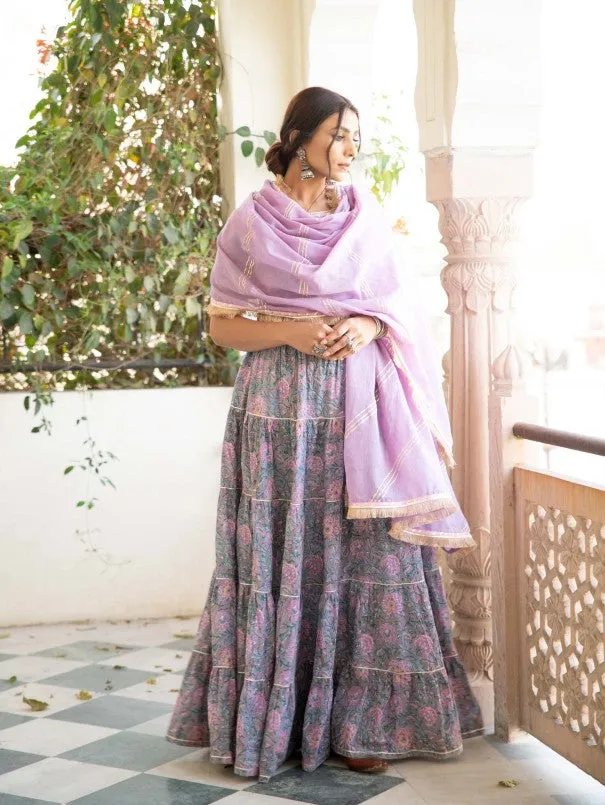 Chaand Inaya Grey & Lavender Block Printed Tiered Skirt Set (Set of 3)