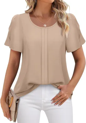Chiffon Blouses for Women Business Casual Petal Short Sleeve Office Work Tops Dress Tunic Shirts