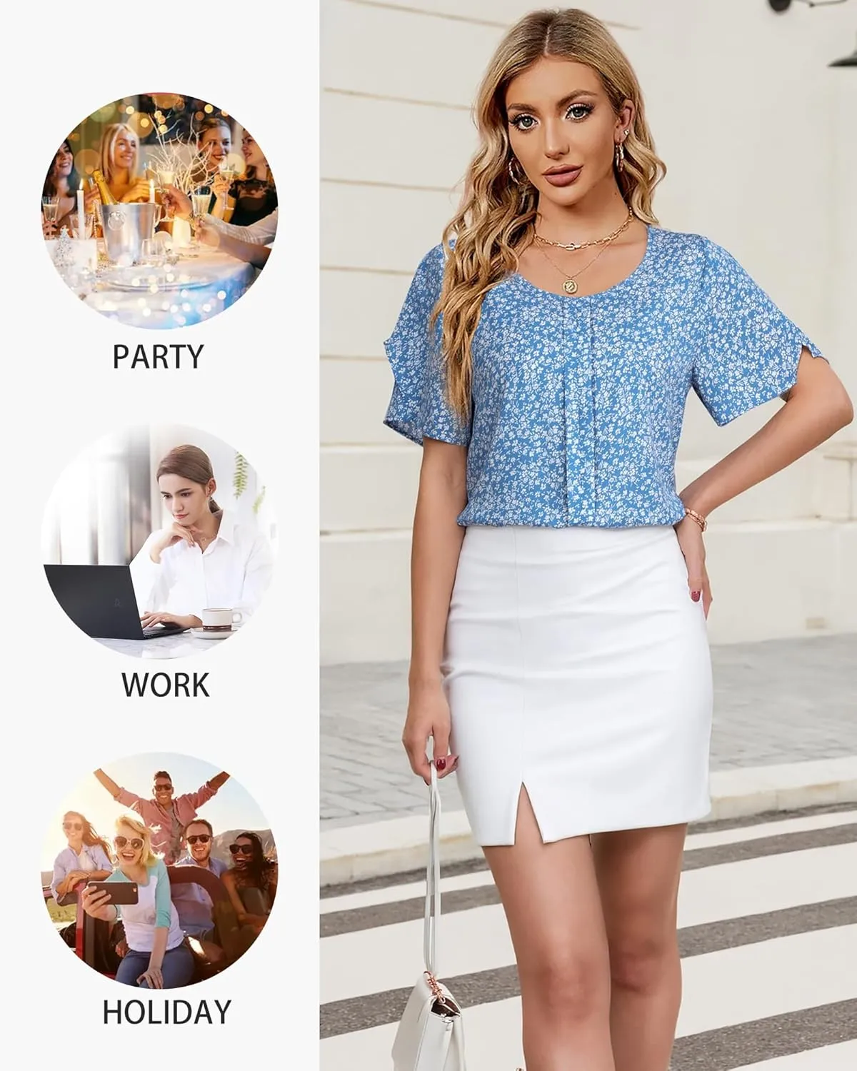 Chiffon Blouses for Women Business Casual Petal Short Sleeve Office Work Tops Dress Tunic Shirts