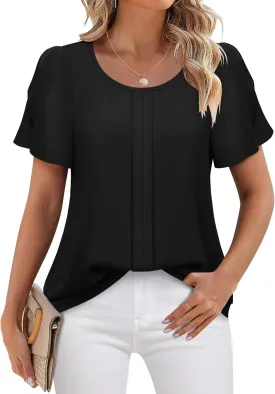 Chiffon Blouses for Women Business Casual Petal Short Sleeve Office Work Tops Dress Tunic Shirts