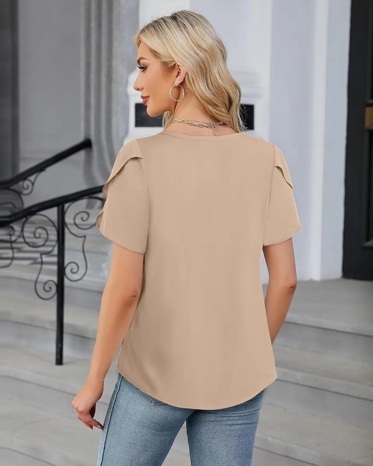 Chiffon Blouses for Women Business Casual Petal Short Sleeve Office Work Tops Dress Tunic Shirts