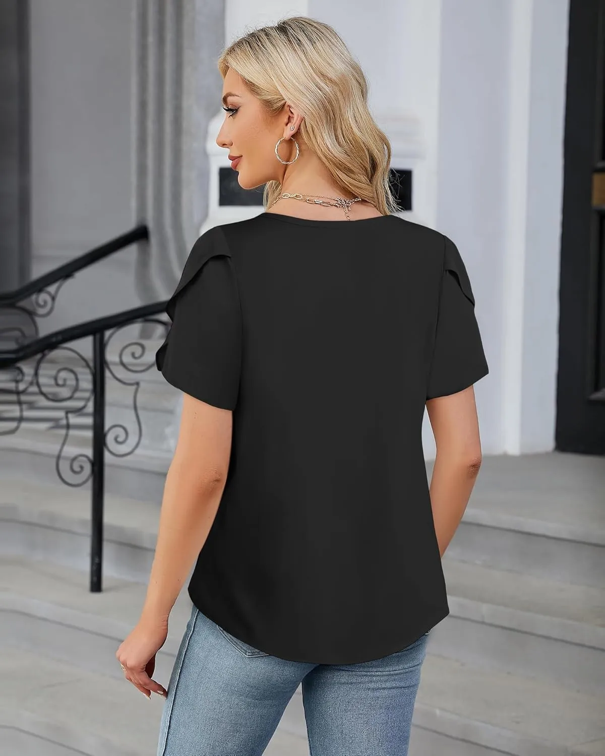 Chiffon Blouses for Women Business Casual Petal Short Sleeve Office Work Tops Dress Tunic Shirts