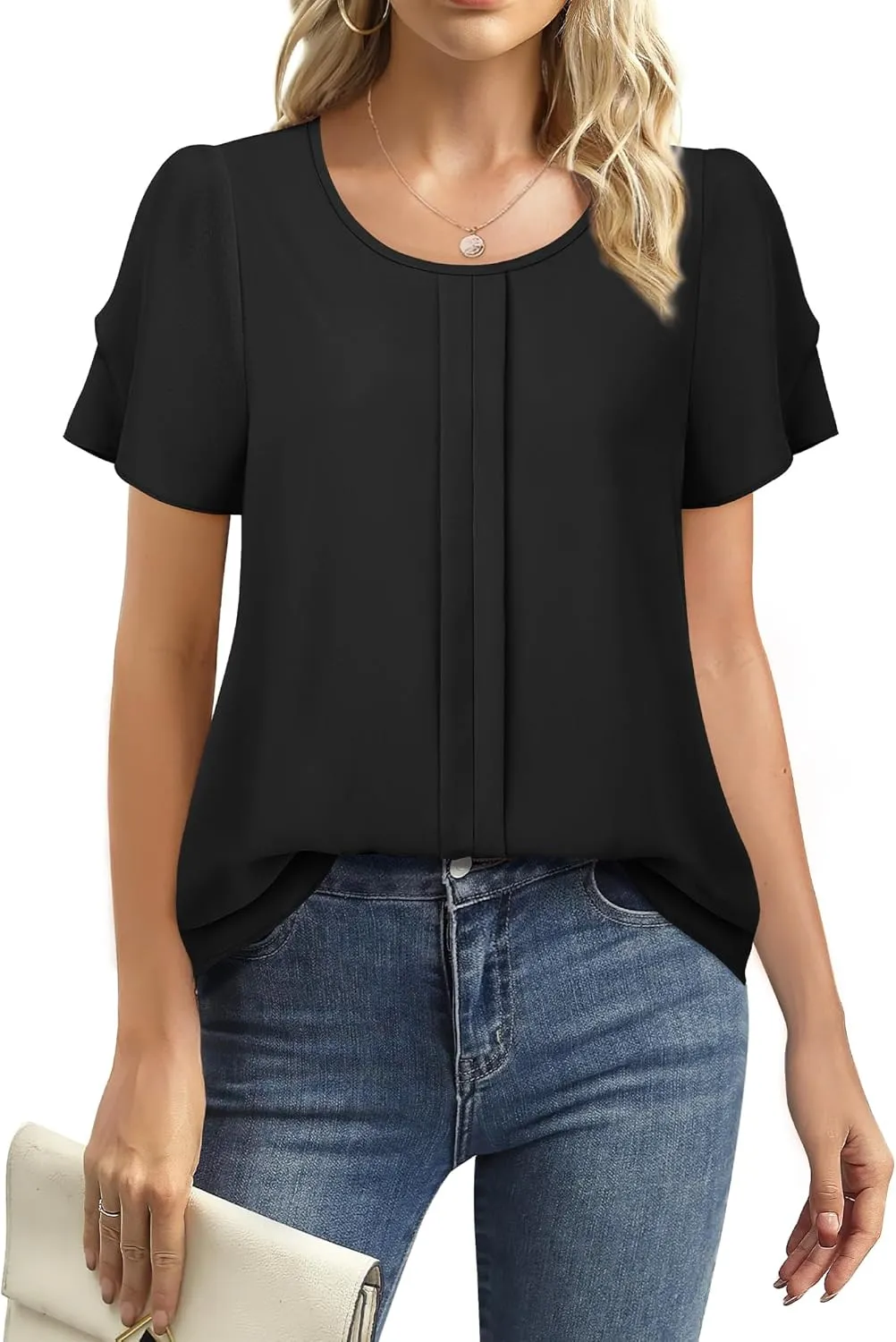Chiffon Blouses for Women Business Casual Petal Short Sleeve Office Work Tops Dress Tunic Shirts