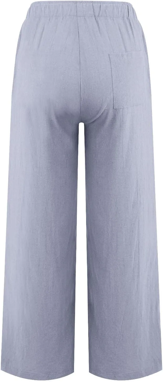 Cotton Linen Pants for Women Summer Drawstring High Waisted Palazzo Pants Casual Wide Leg Yoga Pants with Pockets
