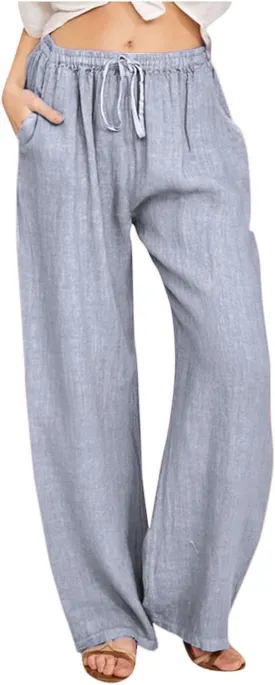 Cotton Linen Pants for Women Summer Drawstring High Waisted Palazzo Pants Casual Wide Leg Yoga Pants with Pockets