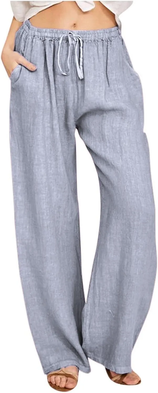 Cotton Linen Pants for Women Summer Drawstring High Waisted Palazzo Pants Casual Wide Leg Yoga Pants with Pockets
