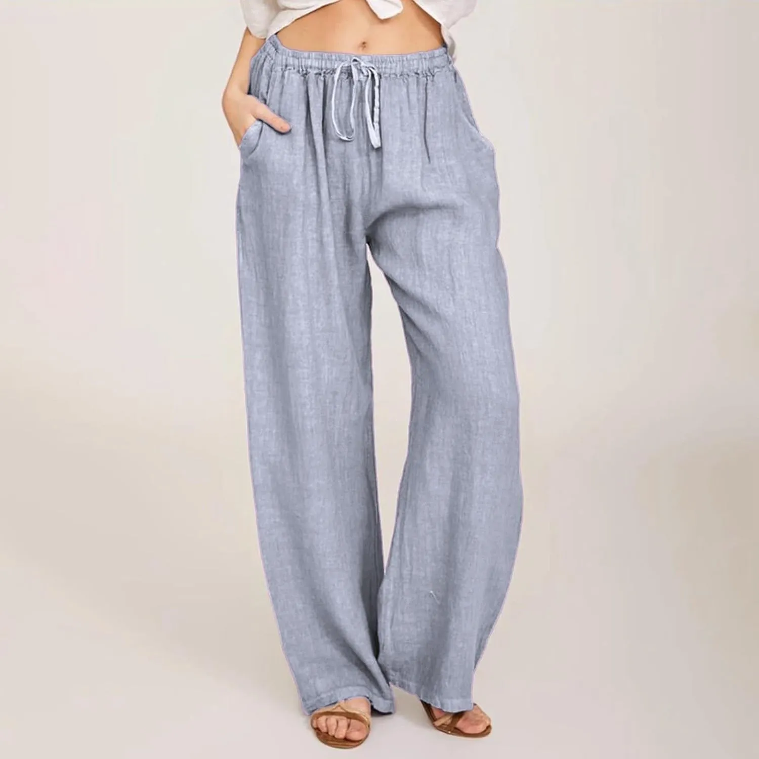 Cotton Linen Pants for Women Summer Drawstring High Waisted Palazzo Pants Casual Wide Leg Yoga Pants with Pockets