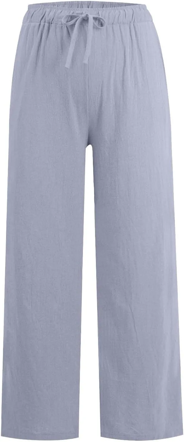 Cotton Linen Pants for Women Summer Drawstring High Waisted Palazzo Pants Casual Wide Leg Yoga Pants with Pockets