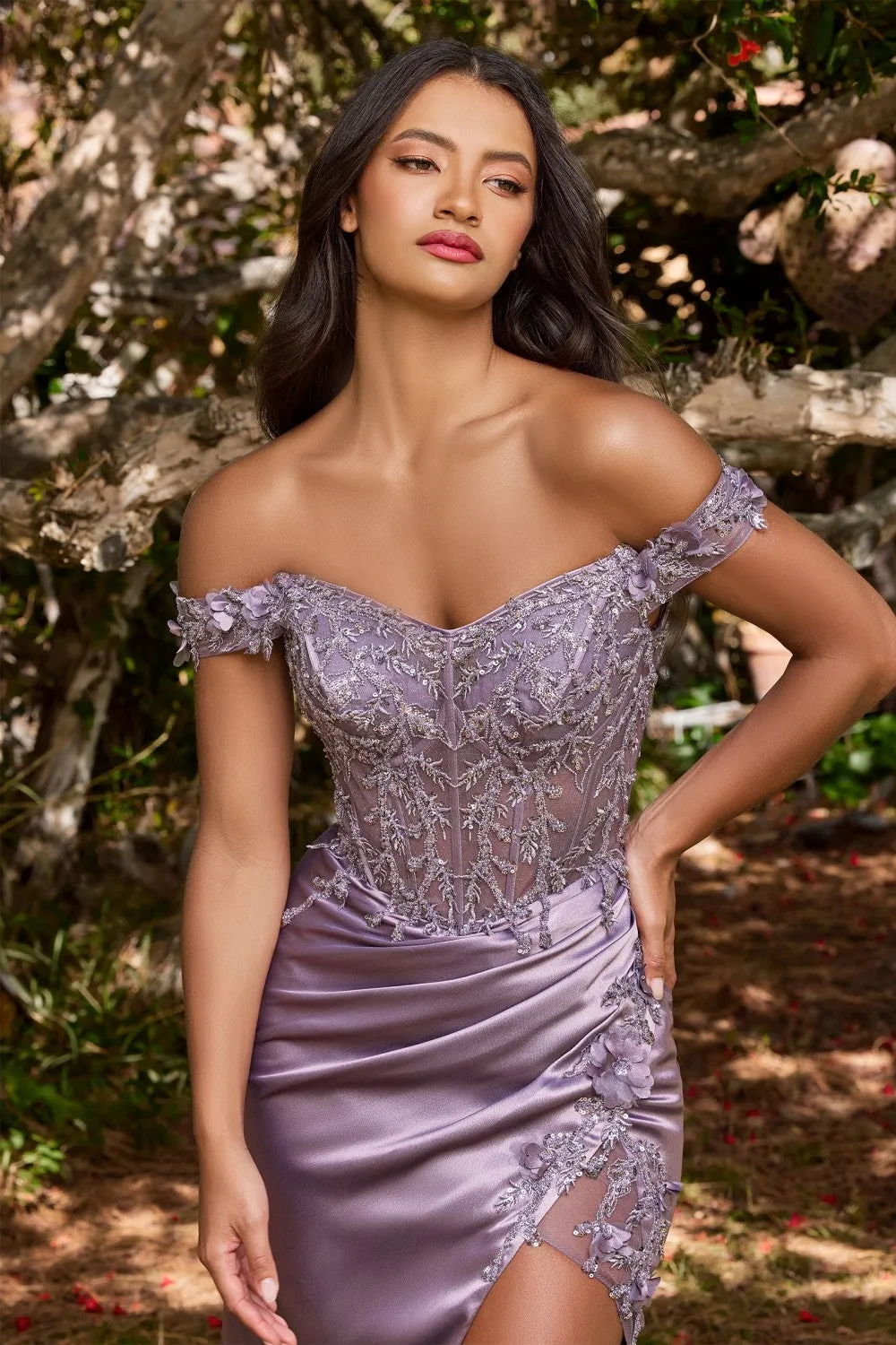 Covet Satin Off Shoulder Prom Dress 740186TRR-DustyLavender LaDivine CD0186 Cinderella Divine CD0186