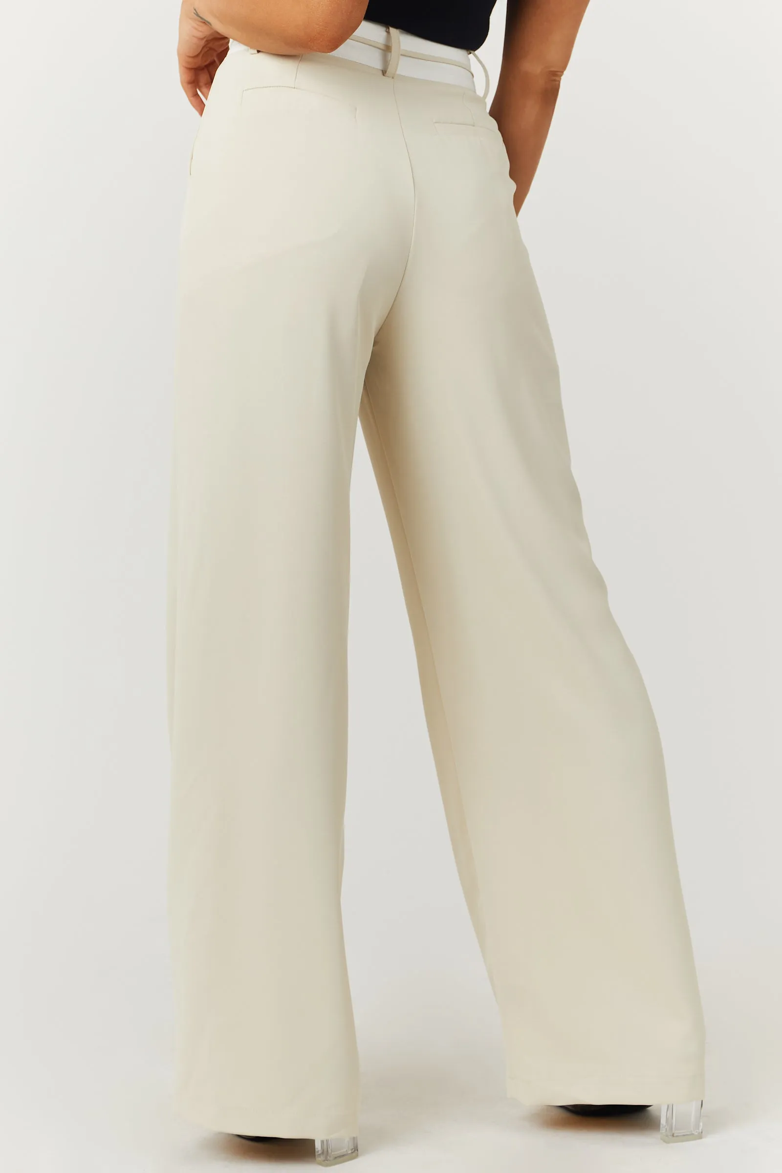 Cream Contrast Waistband Wide Leg Pants