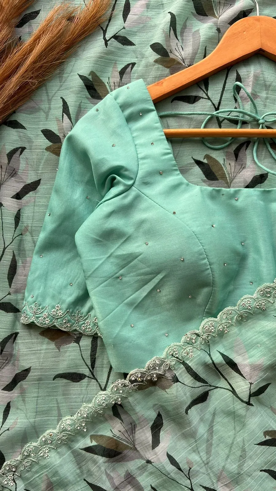 Cyan blue chiffon saree with hand worked blouse