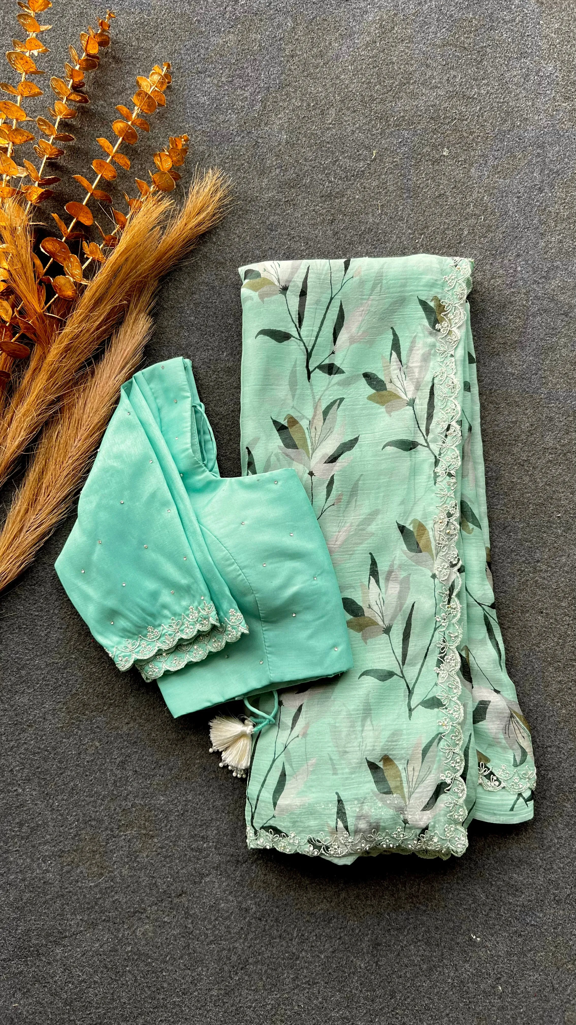 Cyan blue chiffon saree with hand worked blouse