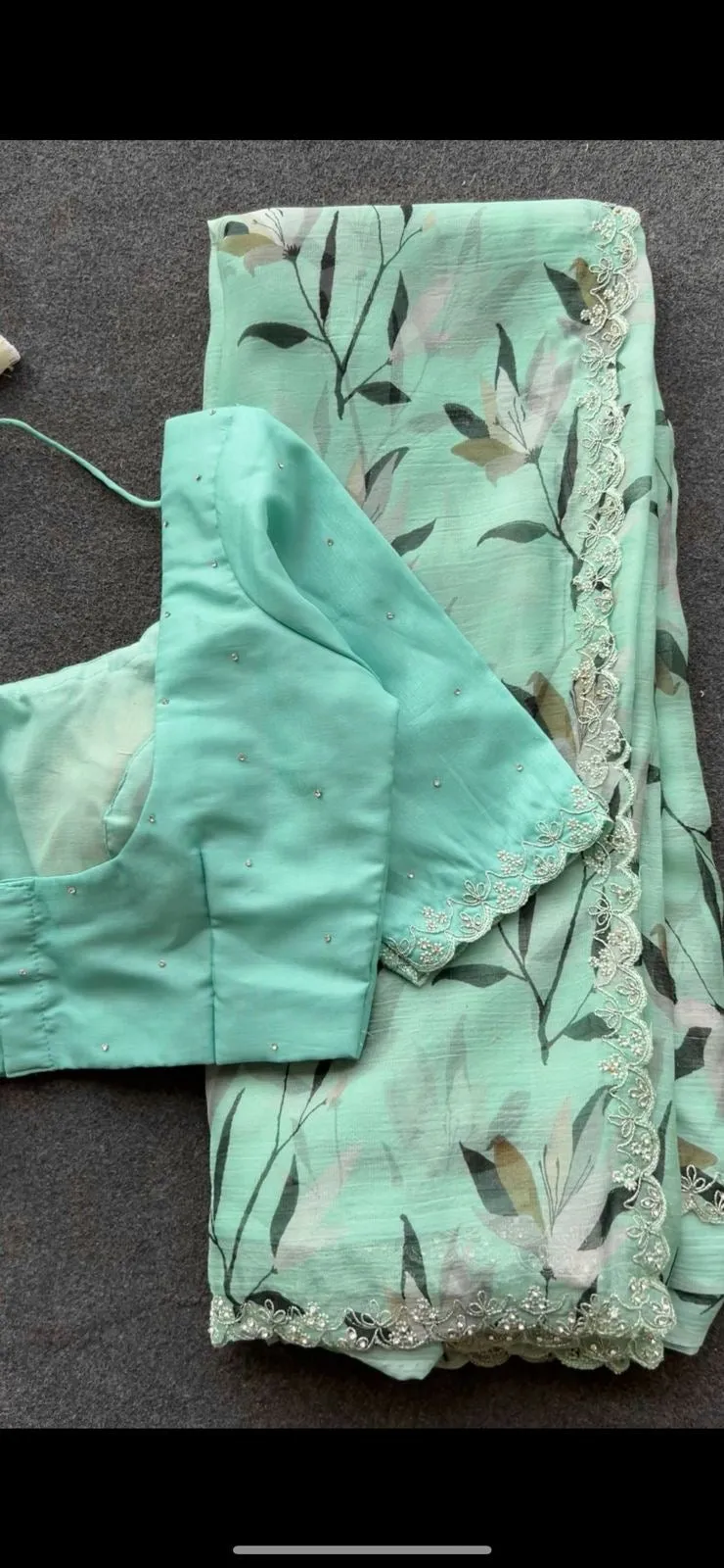 Cyan blue chiffon saree with hand worked blouse