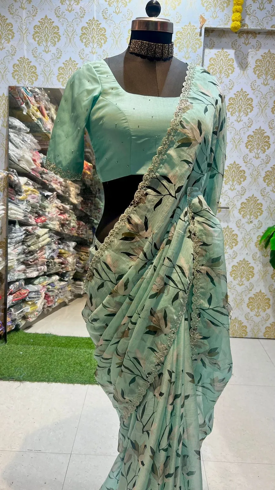 Cyan blue chiffon saree with hand worked blouse