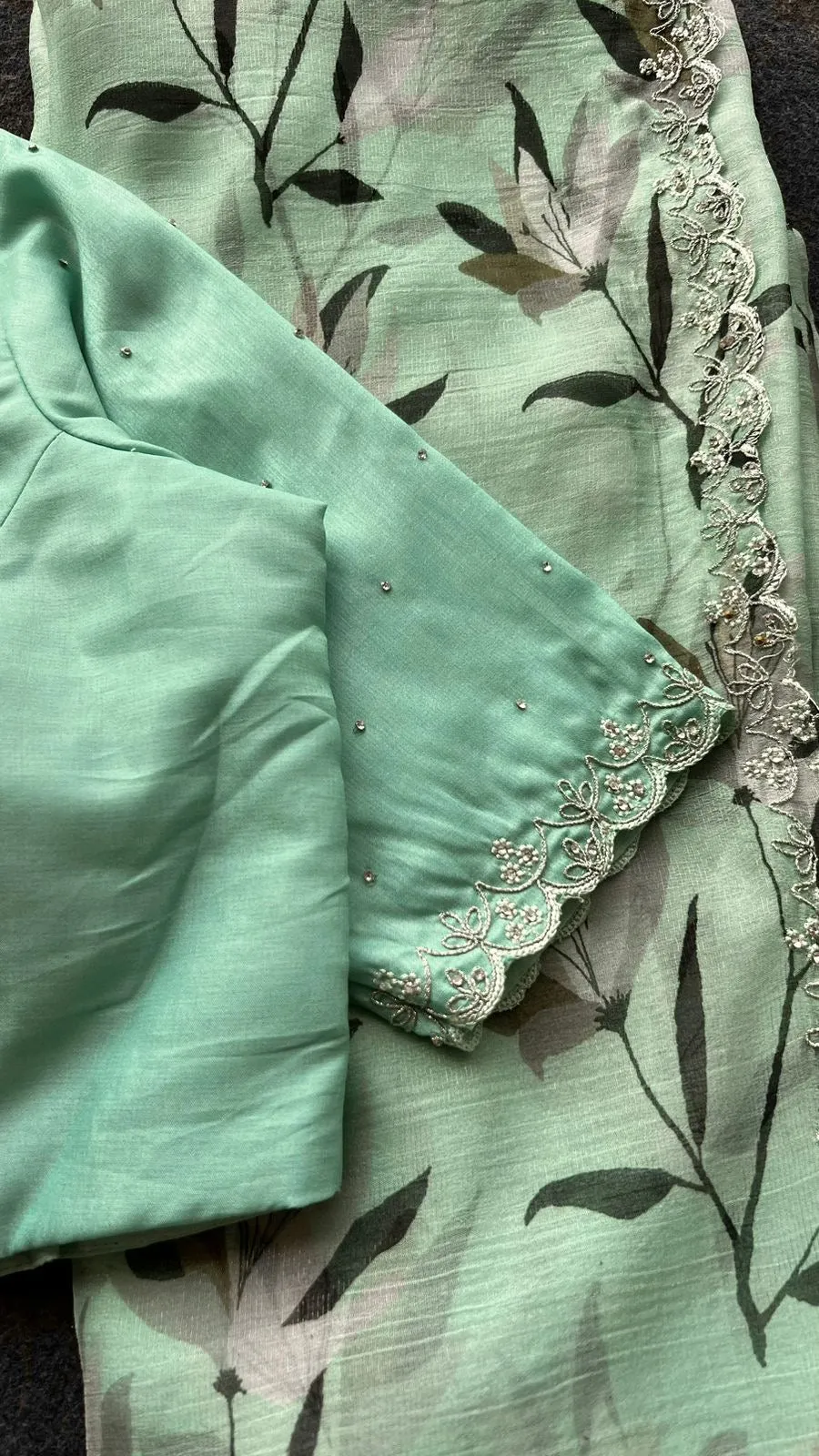 Cyan blue chiffon saree with hand worked blouse