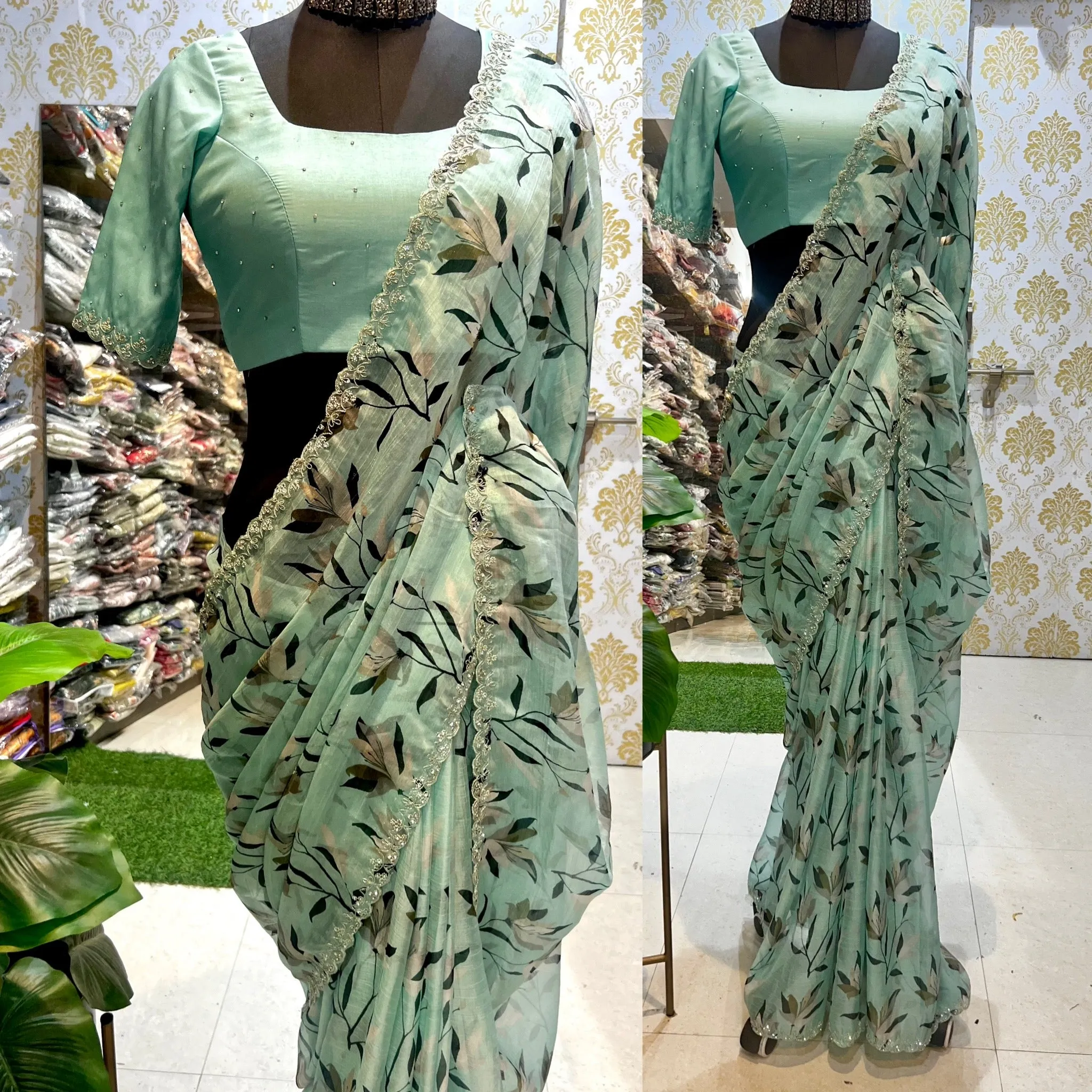 Cyan blue chiffon saree with hand worked blouse