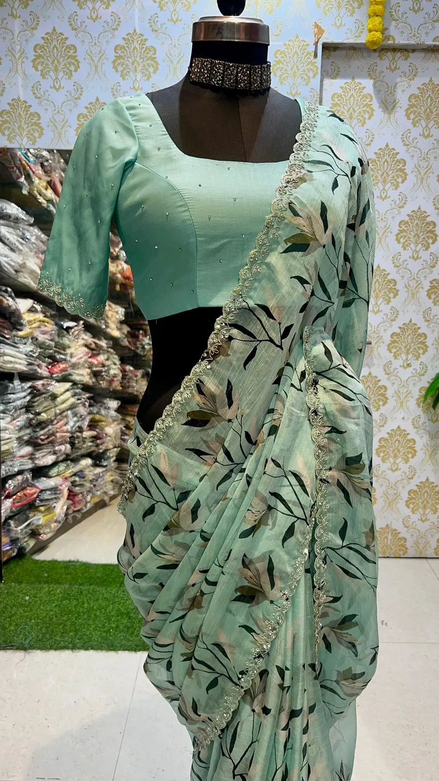 Cyan blue chiffon saree with hand worked blouse